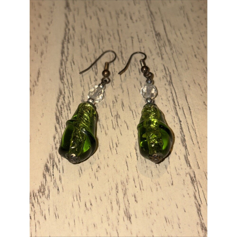 Vintage Murano Style Dangle Earrings Gold Tone Green 2”L